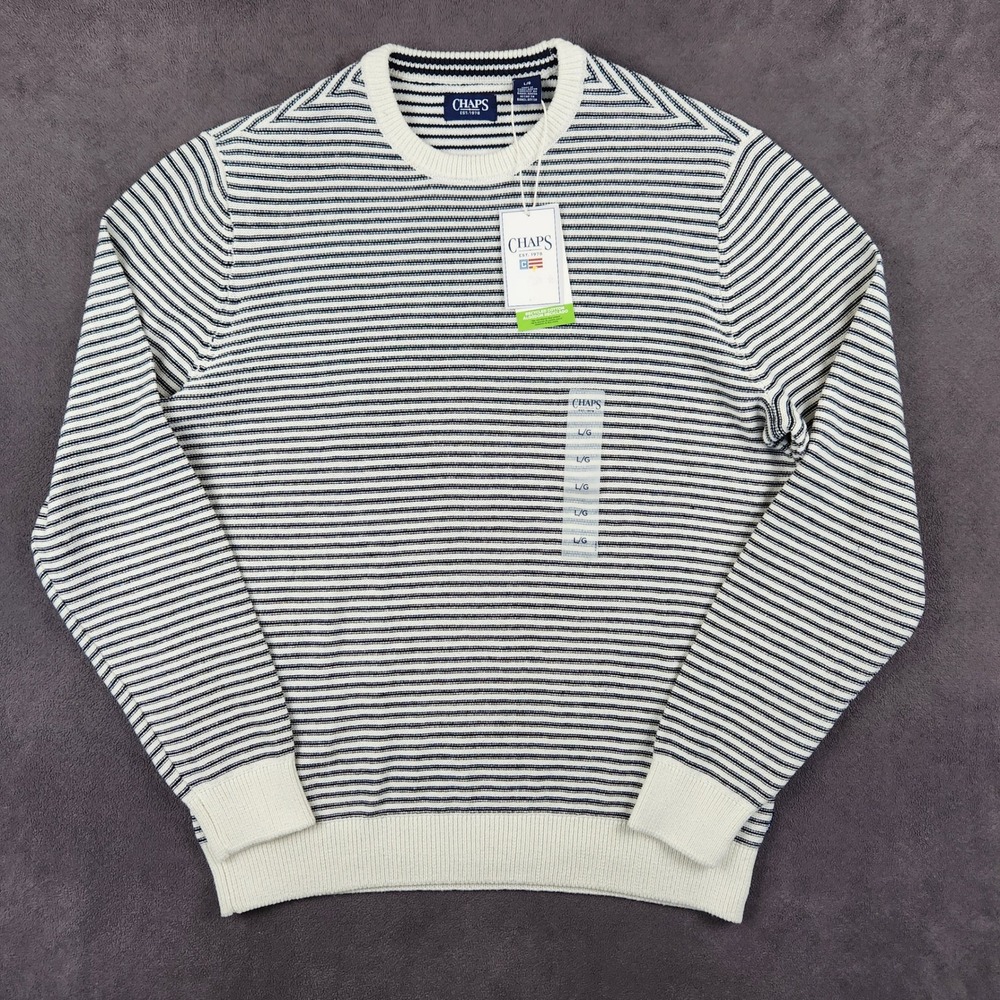 Chaps Sweater Mens Large Navy Cream Striped‎ Long Sleeve Crewneck NEW